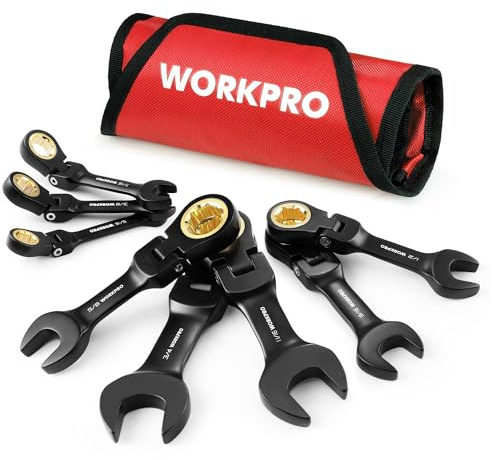 WORKPRO 8-Piece Stubby Anti-slip Ratcheting Combination Wrench Set, SAE 5/16-3/4 in, 72-Teeth, CRV, Black Electrophoretic Coating, Flex-Head Wrench Set with Rolling Pouch