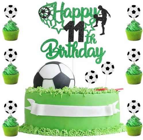 9 Pack 11th Birthday Cake Topper Boys,Football Cake Topper 11,Birthday Cake Toppers for Boys Age 11 Football,1 Topper with 8 Soccer Cupcake Party Decorations