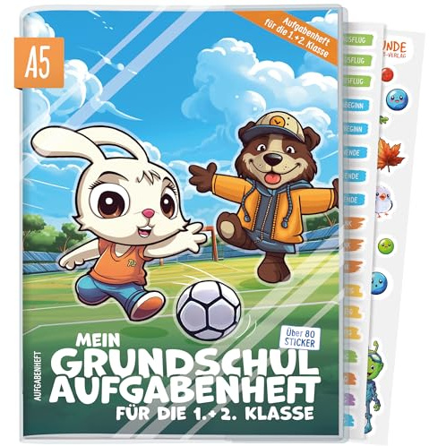 Häfft® Lernfreunde Hausaufgabenheft Grundschule A5 1 + 2 Klasse ohne Datum (Fußballstadion) | inkl. Schutzhülle, Sticker, Stundenplan, Mitteilungsfelder - extra große Schrift & Zeilen Fußball