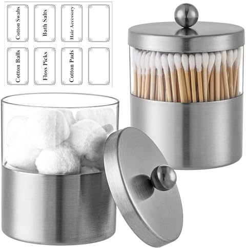 Gaussra Apothecary Jars, Qtip Holder - Brushed Stainless Steel Bathroom Jar with Stickers - Farmhouse Decor Qtip Dispenser for Qtips, Cotton Balls, Swabs, Makeup Sponges (2 Pack, Brushed Nickel)