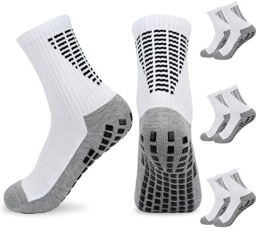 KOOOGEAR 3 paia di calzini da calcio per bambini e bambine, antiscivolo, neri, bianchi, traspiranti, imbottiti, per corsa, hockey, calcio, rugby, età 6-12 anni, Bianco/Bianco/Bianco, 6-12 Years