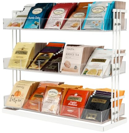 J JACKCUBE DESIGN Tea Bag Organizer Steel and Acrylic 3 Tier, 15 Compartment Tea Bags Sugar Packets Coffee Station Storage Holder Caddy for Cabinet Countertop Office (White)- MK956B