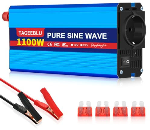 TAGEEBLU 1100W Reiner Sinus Wechselrichter DC 12V auf AC 230V Spannungswandler, Wechselrichter für Fahrzeuge mit Alligatorclip, 1 AC Steckdose und LCD Bildschirm