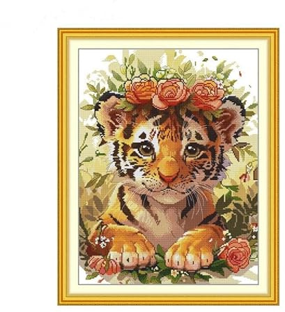 Gofission Kreuzstich Set Vorgedruckt Stickpackungen, Tiger mit Einer Girlande aus Blumen 14ct Stickset 37x47cm mit Stoff Vorlagen für Erwachsene Anfänger