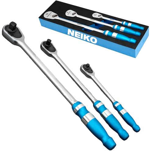 NEIKO 03006A Juego de 3 llaves de carraca de cabeza plana, perfil bajo de 6,35 mm, 9,53 mm y 12,7 mm, mecanismo de 90 dientes, mango largo texturizado anodizado, cabeza sellada, cromo molibdeno