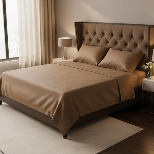 KASANOVA Set lenzuola matrimoniale in raso di cotone 100% - completo letto 4 Pezzi, morbido e traspirante, effetto seta (Marrone)