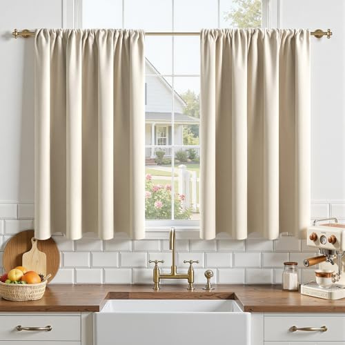 MRTREES Tende oscuranti impermeabili beige per armadio da cucina e finestre piccole, tende con tasca per asta per bagno e finestra di golfo, facile installazione, 2 pannelli, 60 x 75 cm, beige