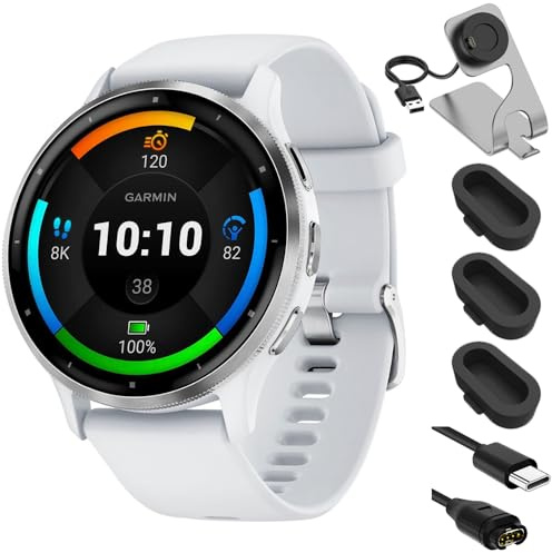 Garmin Venu 3 Health and Fitness 010-02784-00 Lot de 3 montres connectées GPS avec boîtier Whitestone 45 mm et station de charge Deco Essentials, coque anti-poussière en silicone et câble USB de type