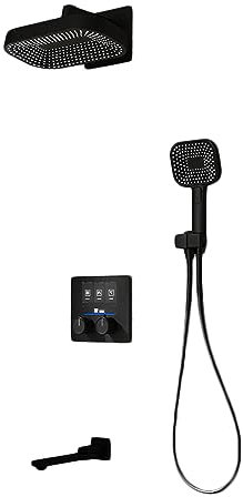 RWDAMPUW Thermostatic Rain Shower System, Black Shower Faucet Set Digital Display Thermostatic Shower Mixer Concealed Shower Faucet with Handheld Sprayer, Rain Shower Head