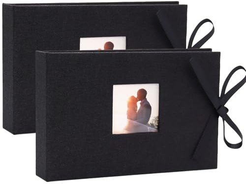 Vienrose Photo Album 6x4 Linen Fabric Cover, Mini Picture Book with Pockets, Clear Pages Holds 52 Photos, Small Postcards Photobook Black 2 Pack