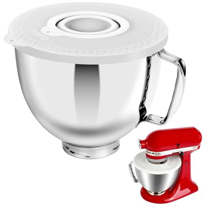 5 Quart Edelstahl Mixerschüssel Set, kompatibel mit Kitchen Aid 4,5-5 Quart Tilt Head Standmixern (5-Quart-Schüssel＋Weißer Deckel）