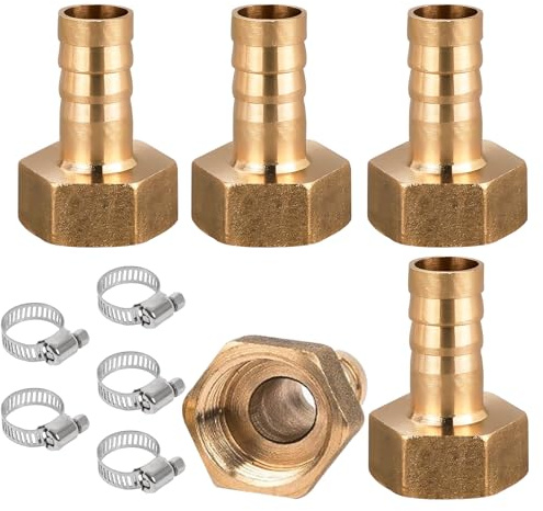 5 Stück Messing Schlauchtülle, 12mm Barb x 1/2 Zoll Innengewinde Rohradapter, 12mm x 1/2 IG Schlauchverschraubung mit Schlauchklemme, Messing Barb Schlauchanschluss, für Wasser, Gas, Luft