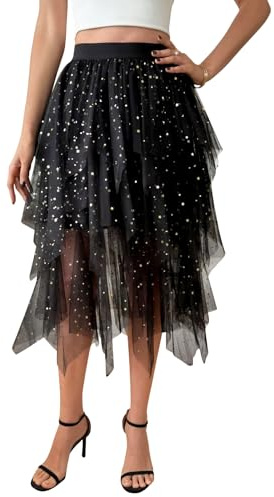 Zhiaek Gonna Tulle Donna Irregolare 3 Strati Gonna Paillettes Donna per Carnevale Halloween Fancy Dress Natale Cosplay Prom Costume Nero L