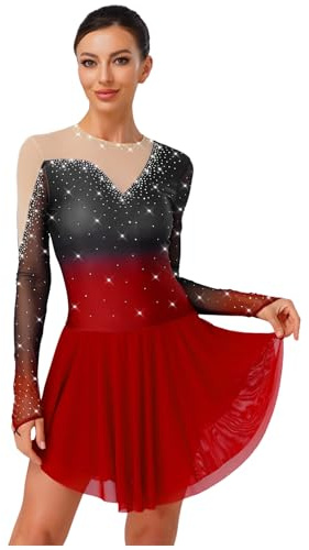 Miutii Abito da Donna per Pattinaggio sul Ghiaccio, Glitzer, Balletto, a Maniche Lunghe, per Pattinaggio su Ruote, per Pattinaggio, Vestito da Gara, Costume da Ballo, per Competizione, bordeaux, M
