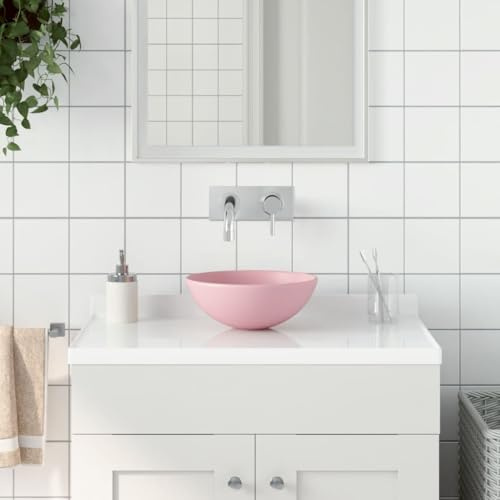 Lavabo da Appoggio Tondo in Ceramica, Design Moderno con Finitura Rosa Opaco, Per Bagno o Cucina, Diametro 28 cm, Altezza 10 cm