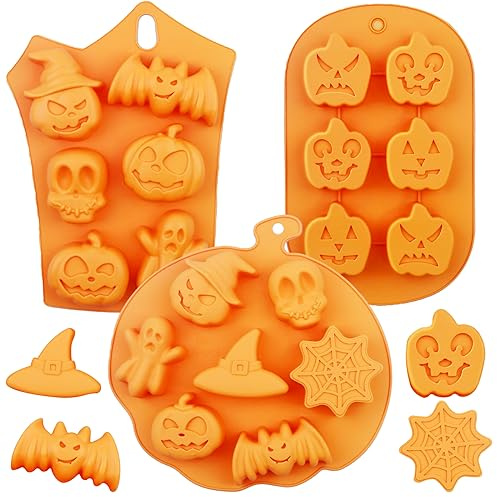 ZWLIYCHN Halloween Silikonform 3 Stück, Schokoladenform Silikon, Kürbis, Totenkopf, Fledermaus Formen Herbst Halloween Motiven Für Herstellung Backwaren, Desserts, Eiswürfeln