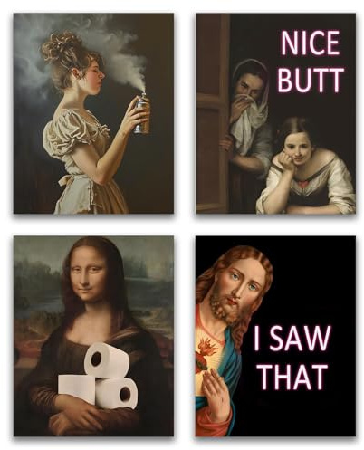 VOYANTE Wanddeko Badezimmer, 4 Stück Mona Lisa Bilder, Leinwand Lustiges Poster, Wanddeko Ironische Wandbild für Gäste WC Deko Bad Toilette Waschküche Schlafzimmer, Ohne Rahmen (DIN A4)