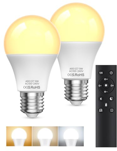 BrightArk LED Glühbirne E27 Mit Fernbedienung, LED Lampen 9W Äquivalent 60W, E27 Dimmbare Glühbirne, Ferngesteuerte Glühbirne mit Timing Funktion, 3 Farbtemperatur 3000K-6000K, für Heimdekoration