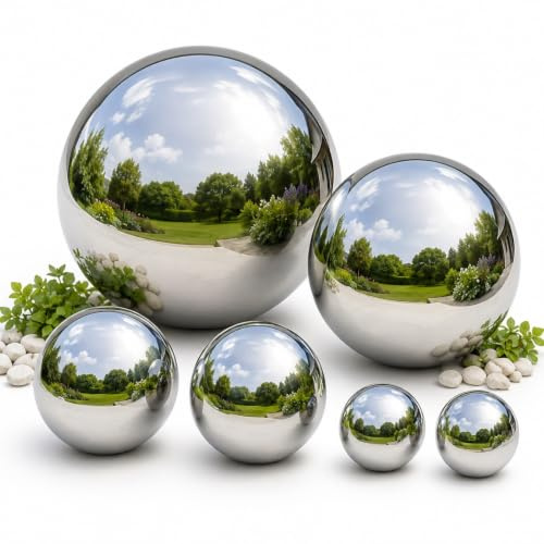 jojofuny 6pcs Gazing Balls for Garden, Stainless Steel Mirror Set | Silver Reflective Spheres in 15cm, 10cm, 8cm and 5cm for Patio, Lawn, Pond, Tabletop and Modern Home Decor