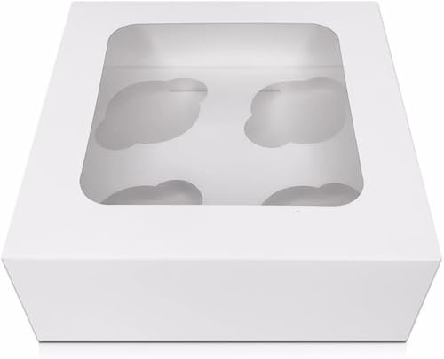 FALGUN 20 x Premium White 4 Hole Cavity Cupcake Boxes with Window | 4 hole Rounded Inserts Included (Pack of 20)