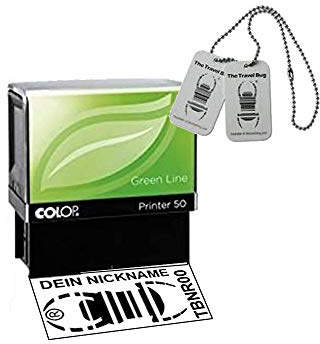 Large Geocaching stamp printer 50 green line dater with travelbug - your own Tb number. Cacher Equipment Beginner Stamp Gift Christmas trackable