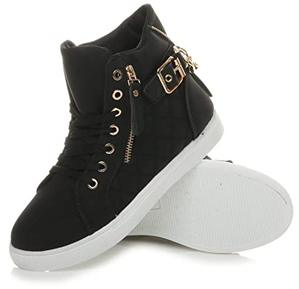 AJVANI Flat Gold Chain Decoration lace up high Rise Sneakers Quilted Trainers Ankle Boots Size 5 38