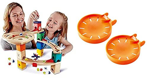 Hape E6021 Starter Set Quadrilla, Kugelbahn mit 27 Bauteilen aus Holz und 30 Murmeln, ab 4 Jahren & E6030 - Murmel-Stopp Doppelpack, Zubehör für Quadrilla Kugelbahnen, ab 4 Jahren, orange
