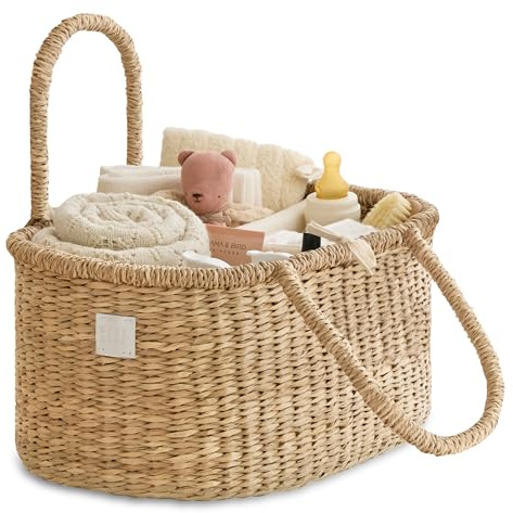 BEBE BASK Premium Baby Diaper Caddy Organizer - Artisan-Made Seagrass Basket With Cotton Divider - Award-Winning & Luxury Diaper Caddy Basket (ROSA)