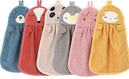 FOMAISELF 6 Pack Cute Animal Hand Towels with Hanging Loop, Ultra Absorbent Soft Colourful Bathroom Kitchen Towels for Kids Adults Home Decor