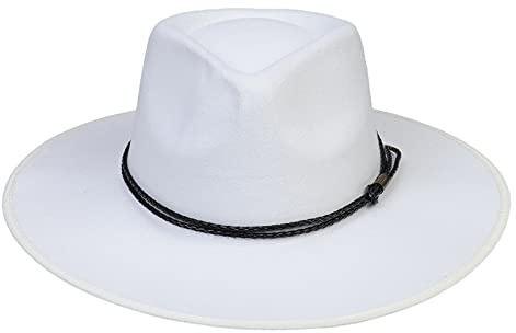 JK Home Fedora-Hut mit breiter Krempe, aus Wollfilz, Panama-Kappe, Einheitsgröße, Unisex, Damen und Herren, schwarzes geflochtenes Lederband, White Braided Leather, Einheitsgröße