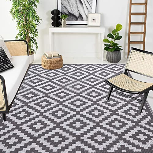 Tapis d'extérieur réversible,En plastique recyclé,Respectueux de l'environnement,Pliable,Portable,Étanche,Pour pique-nique, balcon, terrasse, plage et couloir,180x270 cm,Gris et blanc