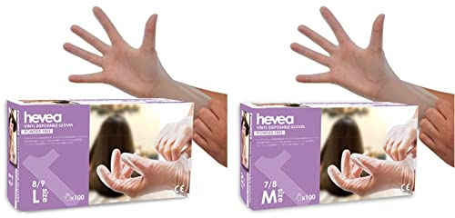 Hevea - Einweghandschuhe aus Vinyl. Puder- und latefrei. 1 Karton mit 100 Handschuhen. M (mittel) & Einweghandschuhe aus Vinyl. Puder- und latefrei. 1 Karton mit 100 Handschuhen. L (groß)