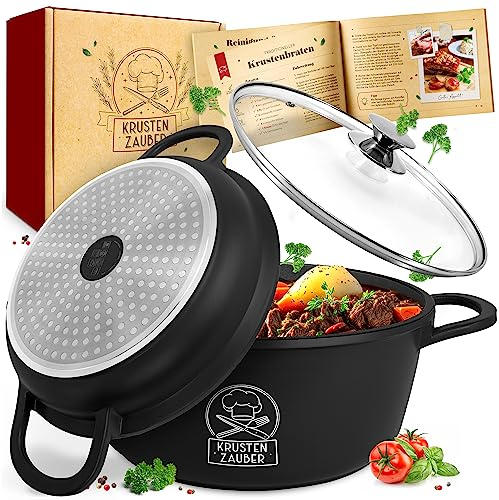 KRUSTENZAUBER 28 cm Die-Cast Aluminium Roasting Dish with Lid Oven Safe [Includes Glass Lid] – 6 L Aluminium Casserole and Frying Pan – Ideal Roasting Dish Induction Sauté Pan, Stewing Pot, Cast