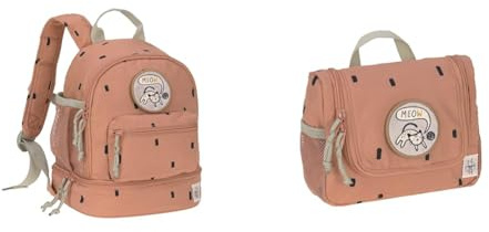 LÄSSIG Kinderrucksack mit Brustgurt Kindergartentasche Kindergartenrucksack 27 cm & Kinder Kulturtasche Waschbeutel Waschtasche Kulturbeutel zum Hängen, 20 cm/Mini Washbag Happy Prints Karamell