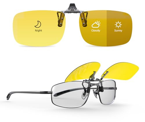 Goiteia Lunettes de conduite de nuit photochromiques à clipser pour hommes et femmes, rabattables, anti-éblouissement des phares/ampoules LED, protection UV400 (57 * 36 mm)