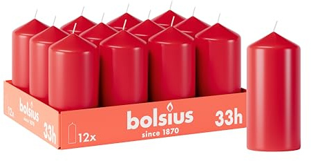 Bolsius släta blockljus – röd – 12 stycken – 12 x 6 cm – dekorativa hushållsljus – brinntid 33 timmar – oparfymerad – innehåller naturligt växtvax – utan palmolja