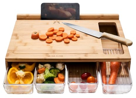 Altra Astra Chopping Board with Drawers | Bamboo | Tablet/Phone Holder | Space Saving Meal Prep Station
