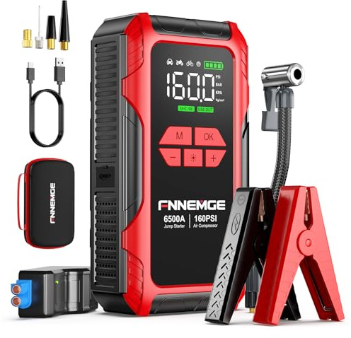 FNNEMGE Avviatore Batteria Auto, 6500A & 26800mAh &160PSI Avviatore Emergenza per Auto con Compressore Aria Portatile (All Gas or 10.0L Diesel) 12V Jump Start,di Uscita USB,2 Luci/HD LCD Display.