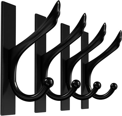 WUIVIUT Self Adhesive Hooks, No-Nail Hook for Bathroom, Towel Hook Heavy Duty Wall Mounted, Bathroom Stainless Steel Door Hanger (Black, 4 Pack)