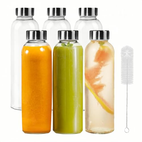 Paquete de 6 botellas de agua vacías de vidrio de 500 ml, a prueba de fugas, con tapa sellable y cepillo gratis para jugos, bebidas frías y calientes, batidos, batidos, café, botella reutilizable para