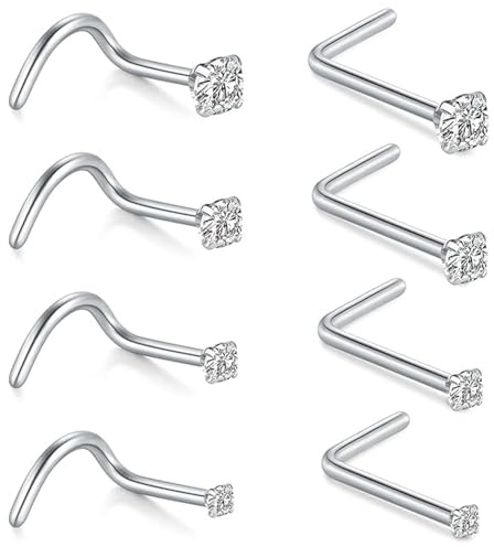 QZKJQDD 8PCS Stainless Steel Nose Studs, Nose Piercing, Silver Nose Studs, Corkscrew Nose Piercing Jewellery and L Shaped Stainless Steel Diamond Small Nose Rings for Women and Men