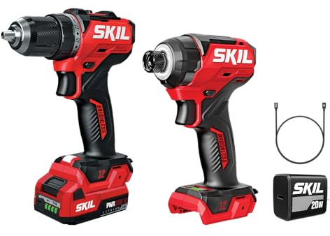 SKIL Perceuse compacte PWR CORE 12 V sans balais 1/2 à vitesse variable 1/4 (6,35 cm), visseuse à chocs hexagonale compacte à 3 vitesses, avec batterie 2,0 Ah et