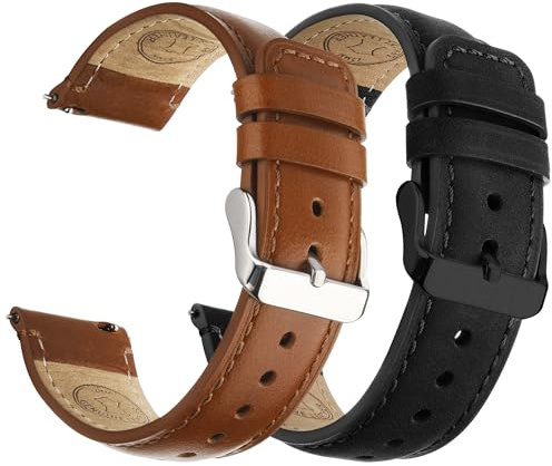 Fullmosa Äkta läderklockarmband 24mm Snabbväxlingsarmband för damer & herrar, 2-pack Växlingsbara läderarmband med rostfritt spänne för Herr- och Damklockor Armband