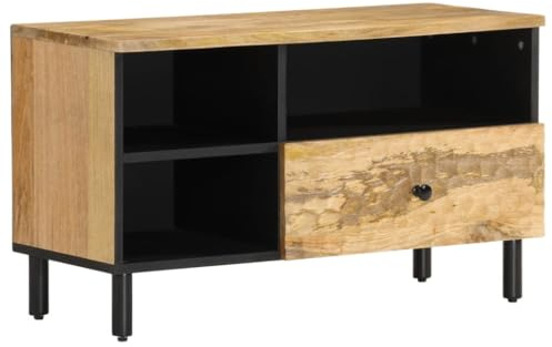 Teenpull Solid Mango Wood TV Cabinet, 80x33x46 cm, Sturdy Media Console for Living Room, Entertainment Center with Iron Legs, Natural Finish Television Stand