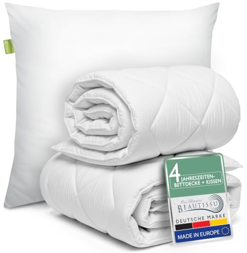 Beautissu Bettdecke und Kissen Set 4 Jahreszeiten Allergiker | 80x80cm Kopfkissen 155x220cm Schlafdecke Decke Ganzjahresdecke Steppdecke Bettwaren waschbar 60° Grad BeauNuit JD & NK