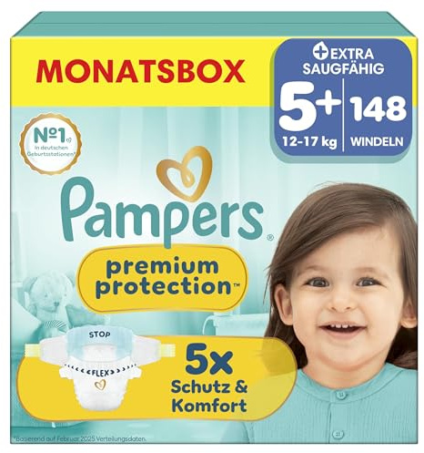 Pampers Premium Protection Größe 5+, 148 Windeln, 12kg-17kg | unser Nr. 1 Haut- und Auslaufschutz