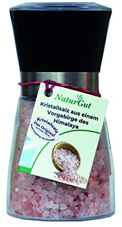 Glas Salzmühle 200g mit Kristsallsalz Granulat aus einem Vorgebirdes des Himalaya/Punjab/Pakistan