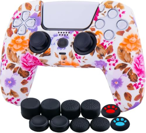 YoRHa Drucken Silikon Verdickt Hülle Skin Case (Blumen) für PS5 Controller x 1 mit Aufsätze Kappen x 10