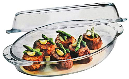 Queensway Home & Dining BORCAM 1.8L Oval Glass Casserole Dish with Lid | Non-Porous Surface, Heat Resistant, Durable Construction, Everyday Cooking