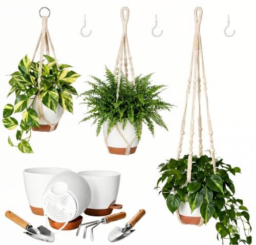 Ezylivin 3 Pack Self Watering Hanging Plant Pots with Macrame Plant Hangers & Garden Tool Set – Indoor Outdoor Hanging Planters with Ceiling Hooks, White Plants Holders for Home Balcony Garden